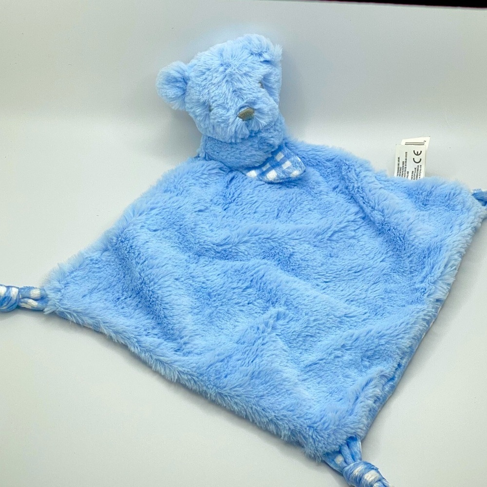 2017 Kellytoy Blue Bear Lovey Security Blanket Rattle Gingham Knot Corners 10X10